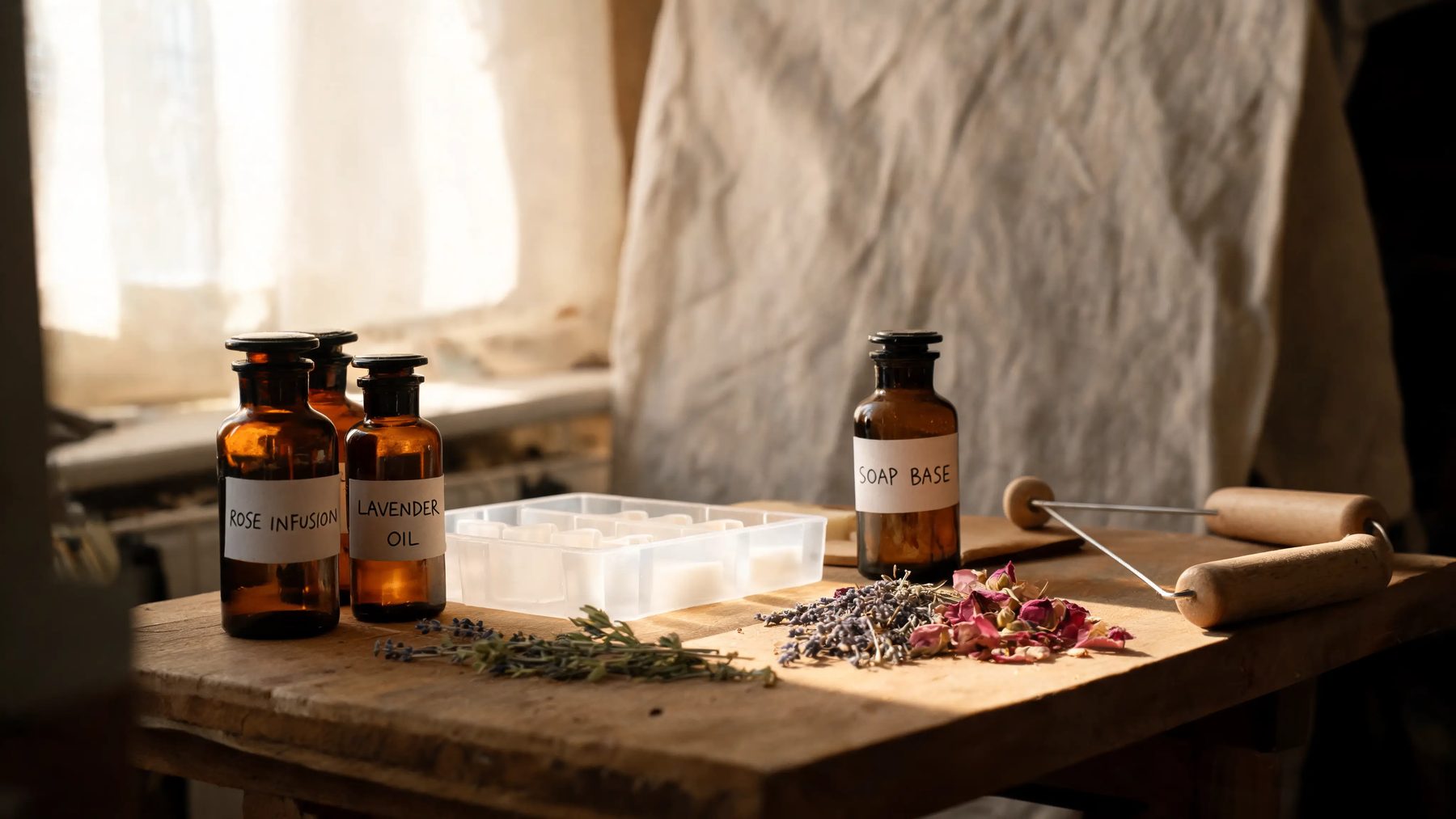 Workshop bench with a soap mould, cutting wire and labelled amber bottles